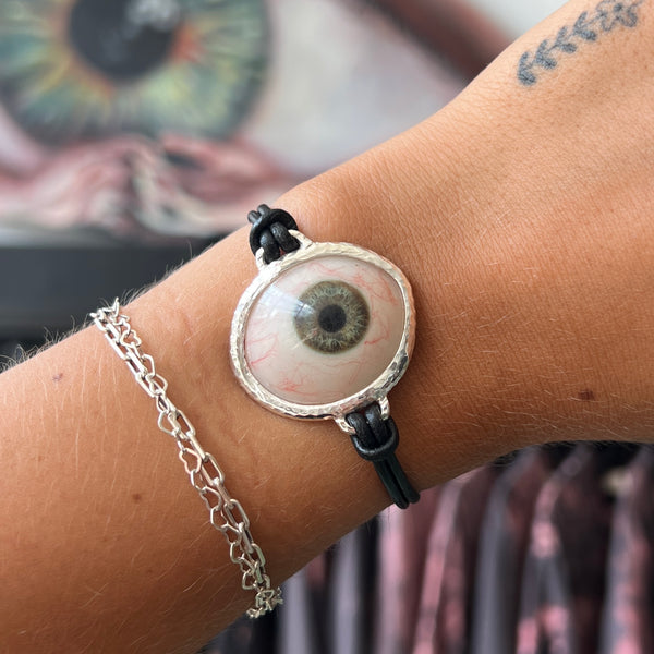 Hand Painted Grey Green Silver Leather Eye Bracelet