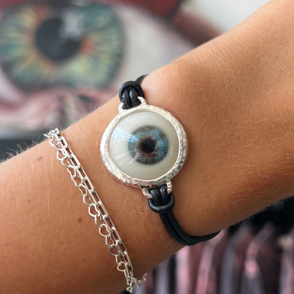 Hand Painted Blue Silver Leather Eye Bracelet