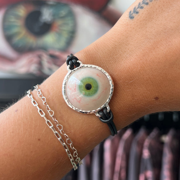 Hand Painted Green Silver Leather Eye Bracelet