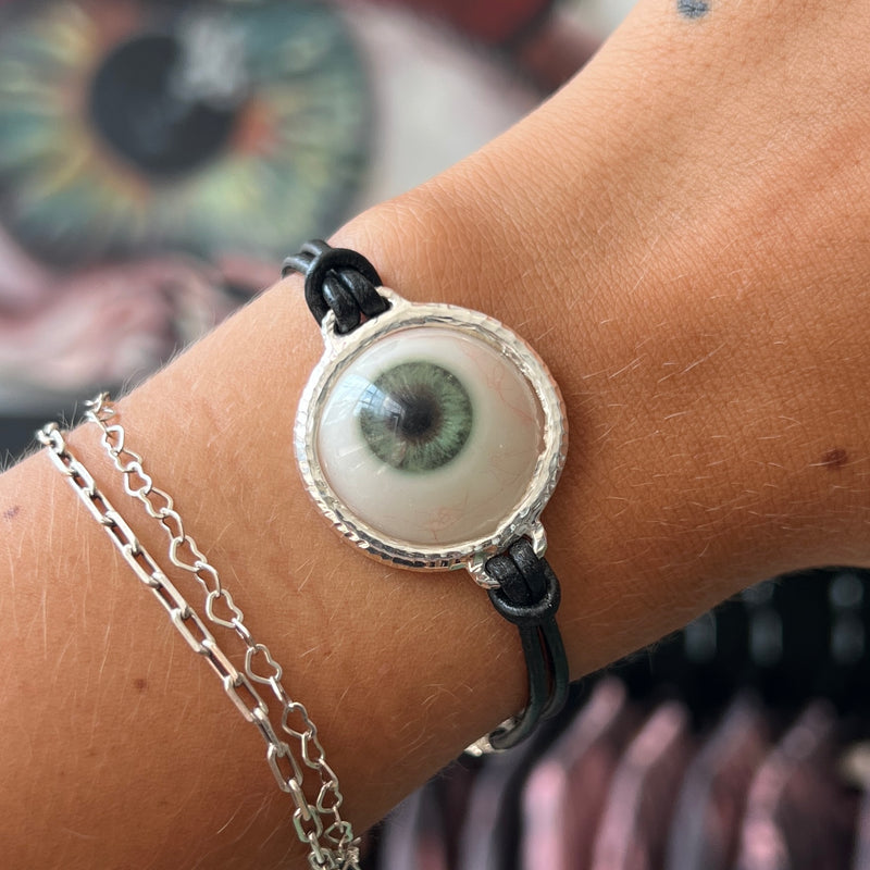 Hand Painted Green Silver Leather Eye Bracelet