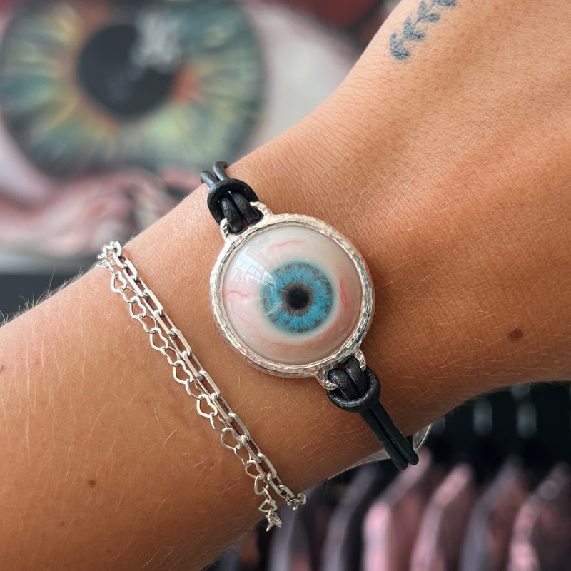 Hand Painted Blue Silver Leather Eye Bracelet