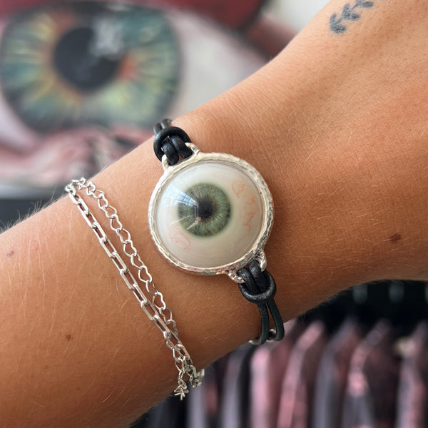 Hand Painted Green Silver Leather Eye Bracelet