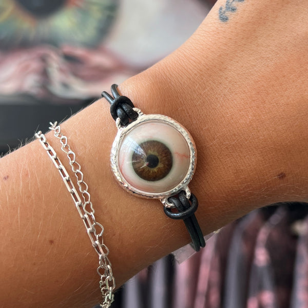 Hand Painted Brown Silver Leather Eye Bracelet