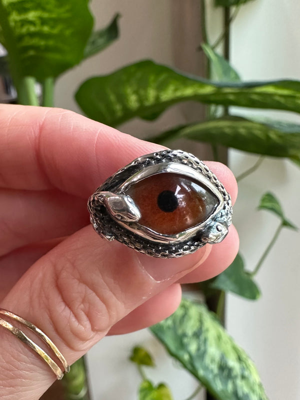 Mini Ojo De Medusa Hand Painted Bright Warm BrownEye Ring