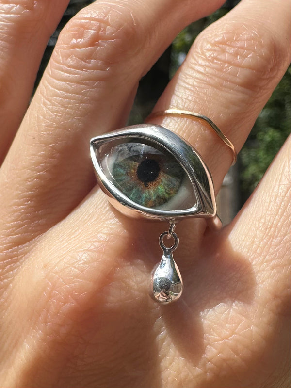 Hand Painted Silver Dali Crying Eye Ring