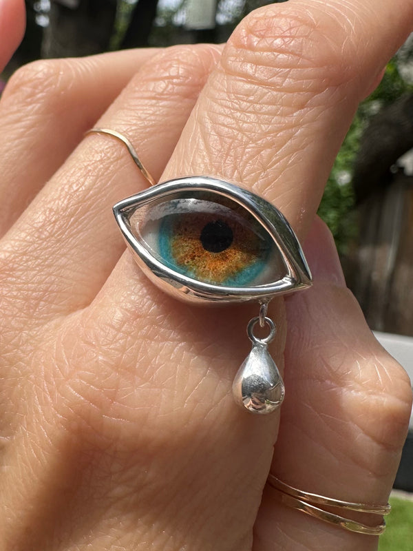 Hand Painted Silver Dali Crying Eye Ring