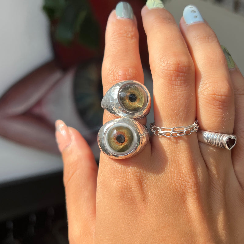 Hand Painted Blue Silver Hammered Bubble Eye Ring