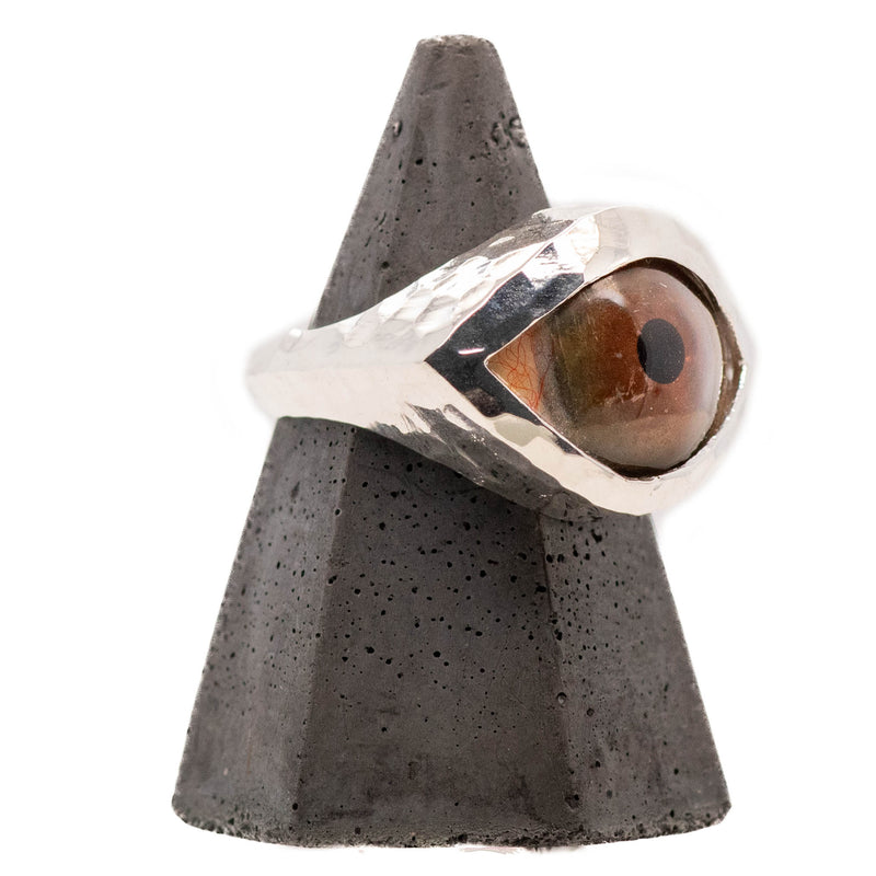 Hand Painted Brown Silver Hammered Eye Ring