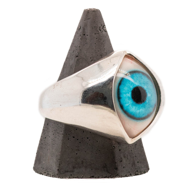 Hand Painted Bright Blue Silver King Eye Ring