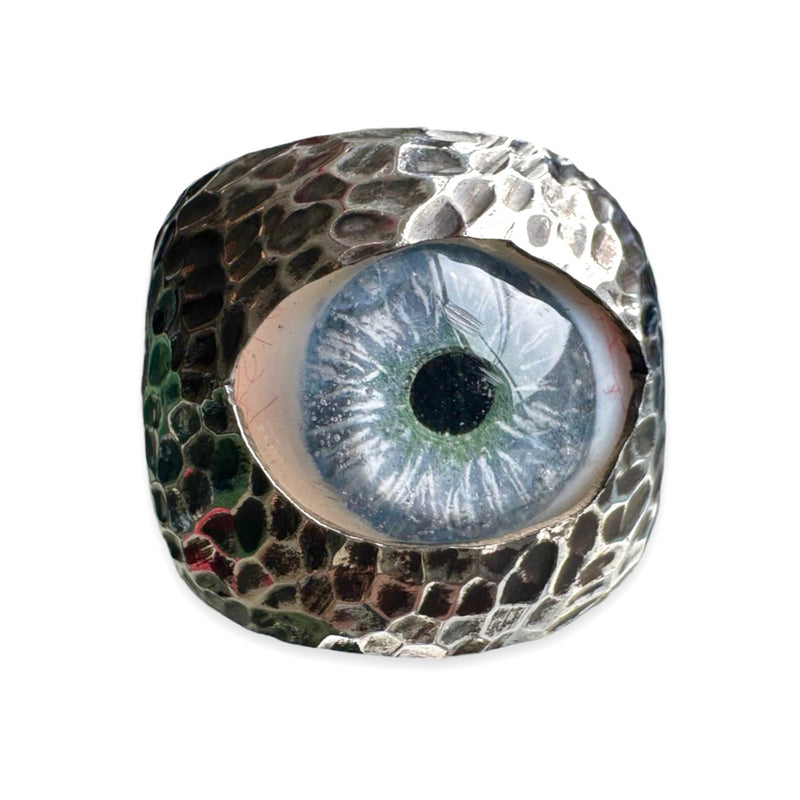 Thorns & Roses Hand Painted Blue Silver Eye Ring