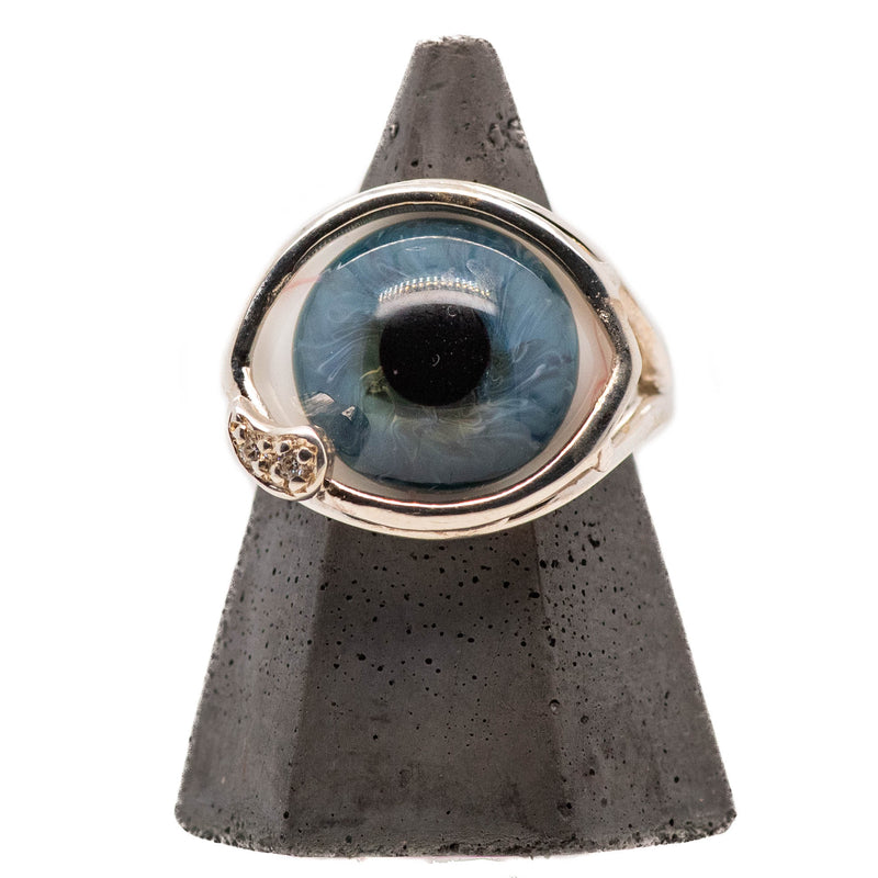 Blue Silver Wire Setting Glass Eye Ring with Teardrop