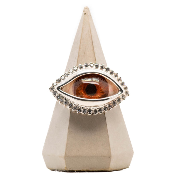Hand Painted Brown Silver Dali Eye Ring with Moissanite Halo