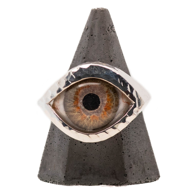 Hand Painted Hazel Silver Hammered Eye Ring