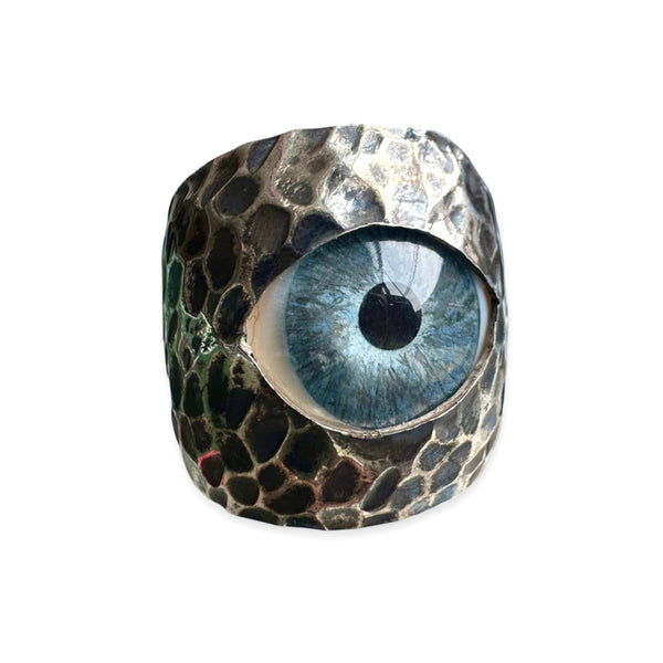 Thorns & Roses Hand Painted Blue Silver Eye Ring