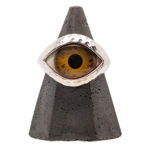 Hand Painted Hazel Silver Hammered Eye Ring