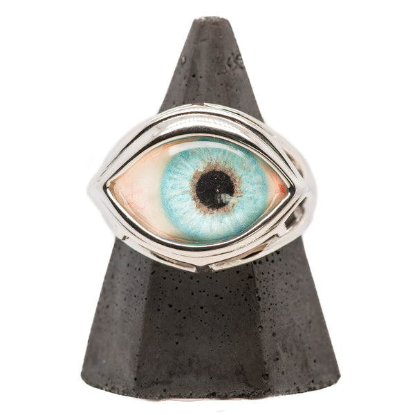 Hand Painted Blue Silver Skeleton Eye Ring