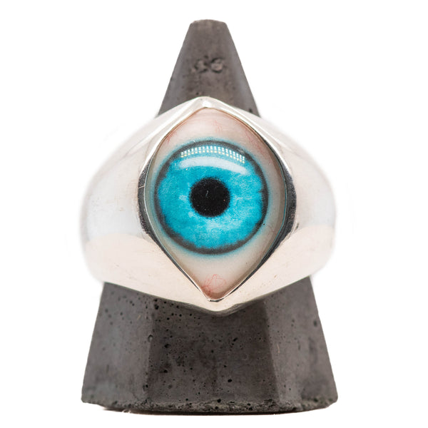 Hand Painted Bright Blue Silver King Eye Ring