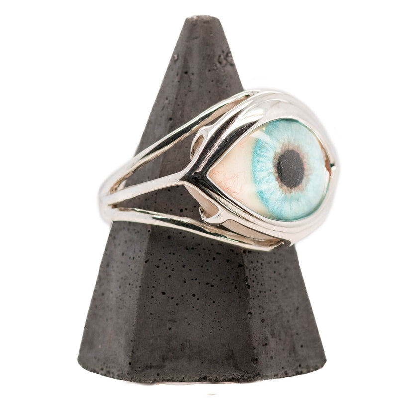 Hand Painted Blue Silver Skeleton Eye Ring