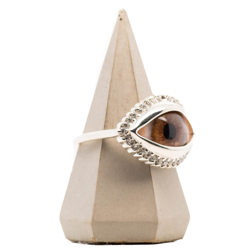 Hand Painted Brown Silver Dali Eye Ring with Moissanite Halo