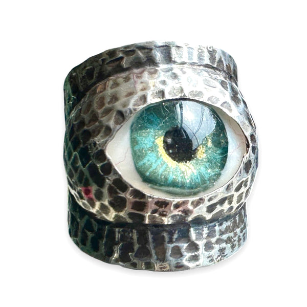 Thorns & Roses Hand Painted Blue Silver Eye Ring