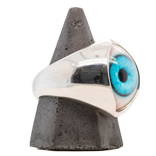 Hand Painted Bright Blue Silver King Eye Ring