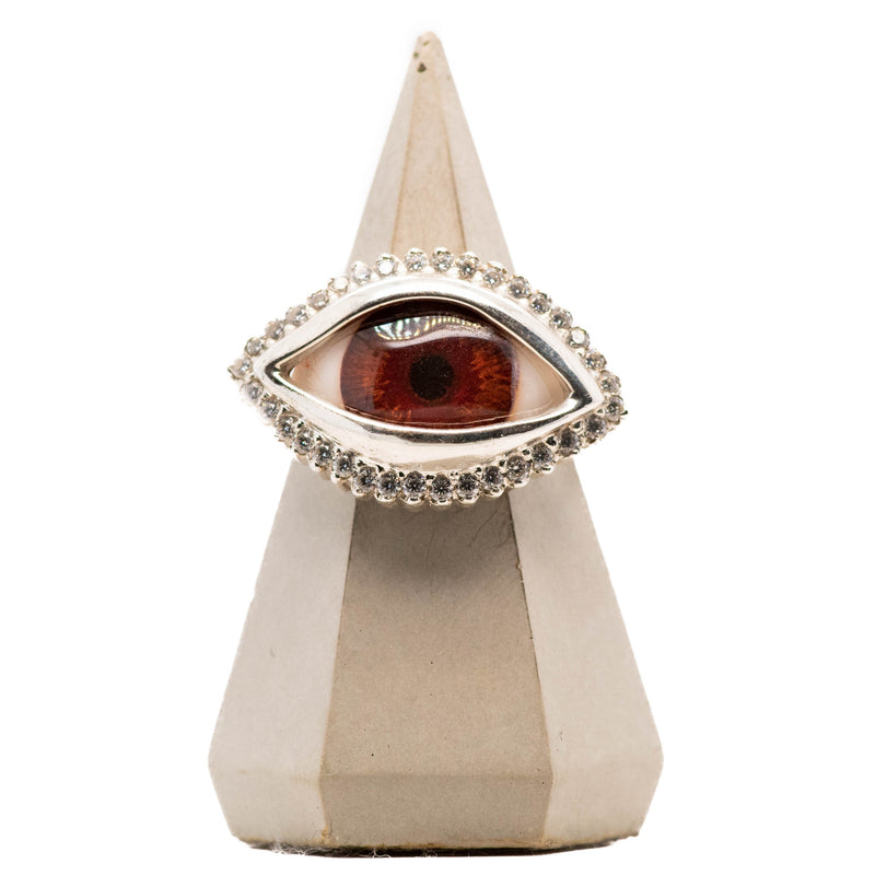 Hand Painted Red Brown Silver Dali Eye Ring with Moissanite Halo