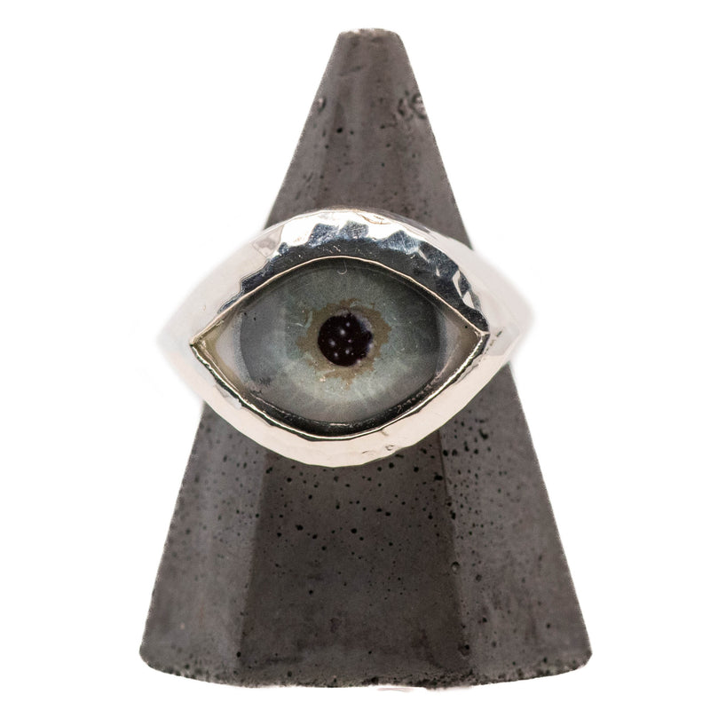 Hand Painted Blue Silver Hammered Eye Ring