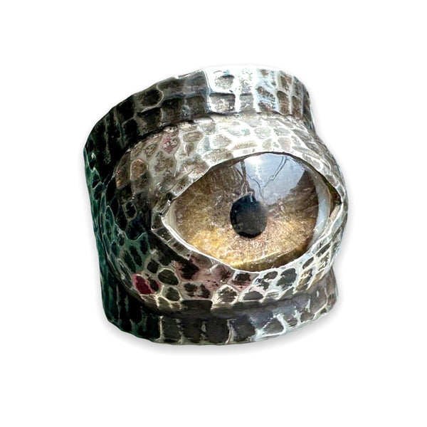 Thorns & Roses Hand Painted Brown Silver Eye Ring