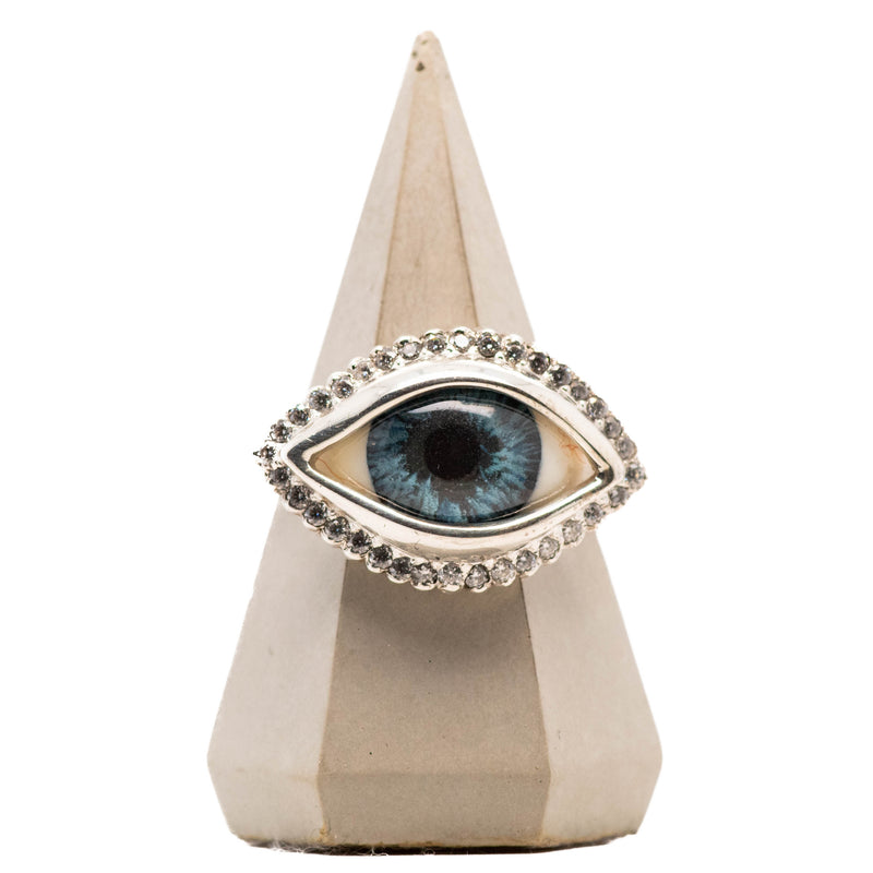 Hand Painted Blue Silver Dali Eye Ring with Moissanite Halo