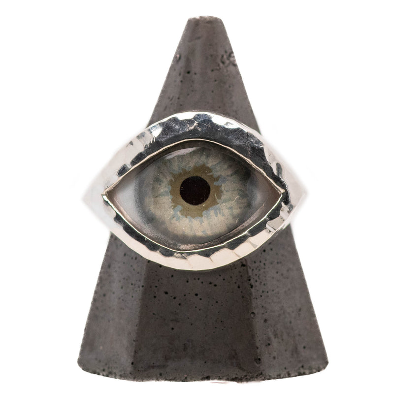 Hand Painted Blue Silver Hammered Eye Ring