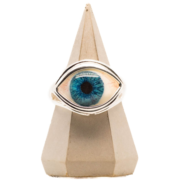 Hand Painted Blue Silver Skeleton Eye Ring