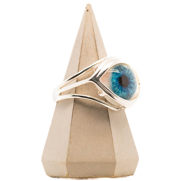 Hand Painted Blue Silver Skeleton Eye Ring