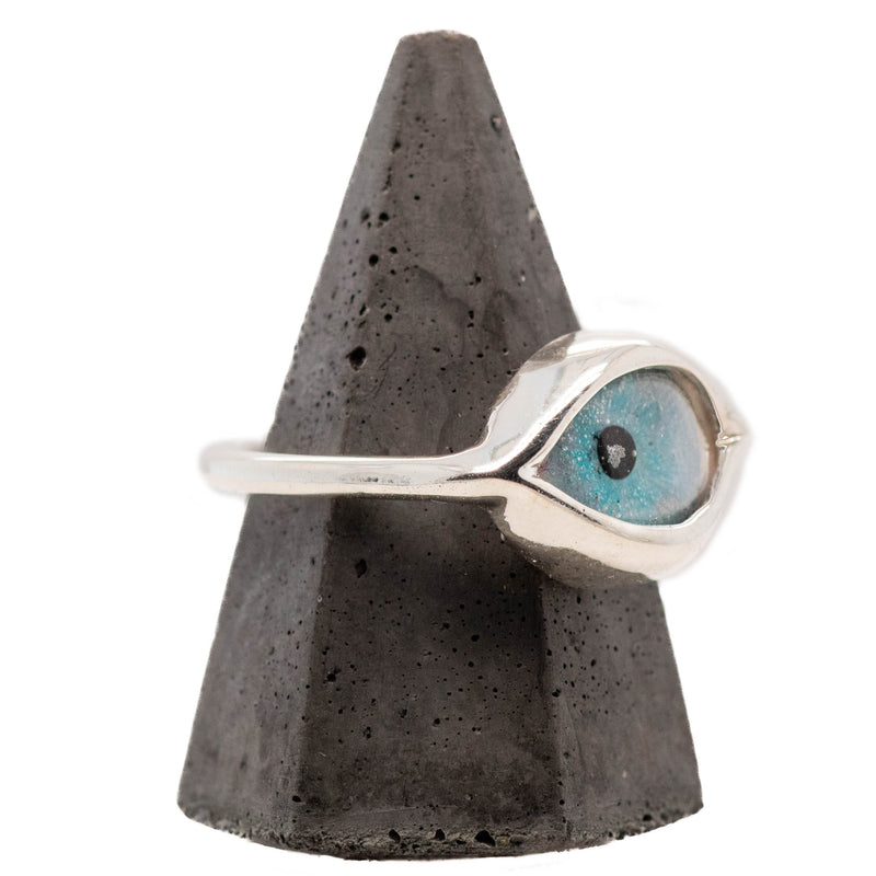 Hand Painted Blue Silver Mini Dali Eye Ring