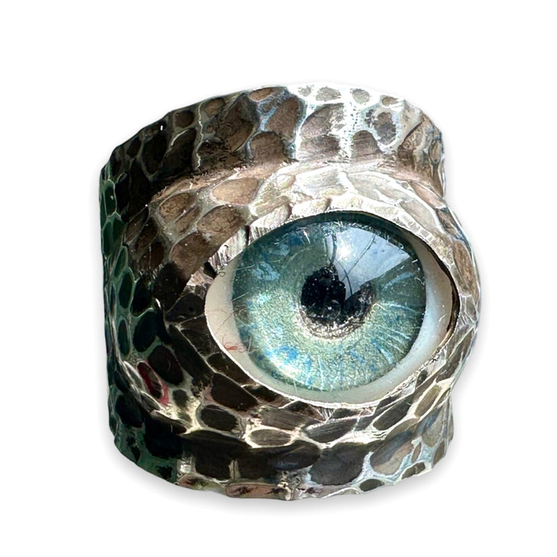 Thorns & Roses Hand Painted Blue Silver Eye Ring