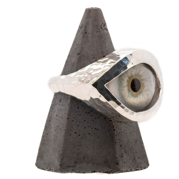 Hand Painted Blue Silver Hammered Eye Ring