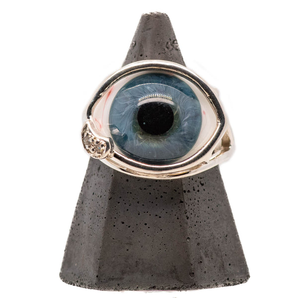 Blue Silver Wire Setting Glass Eye Ring with Teardrop