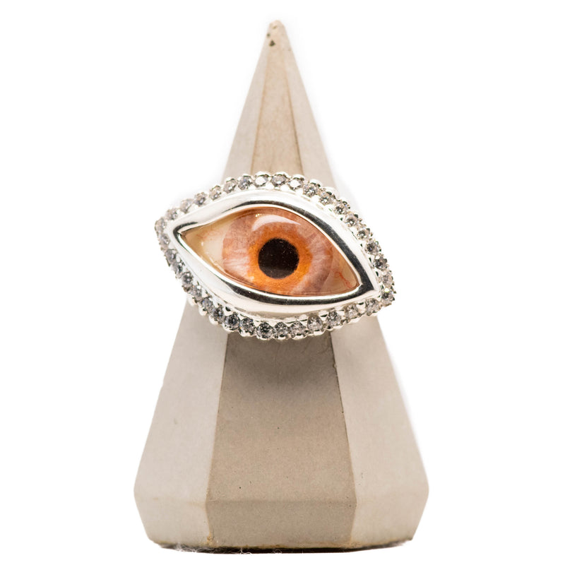 Hand Painted Pink Silver Dali Eye Ring with Moissanite Halo