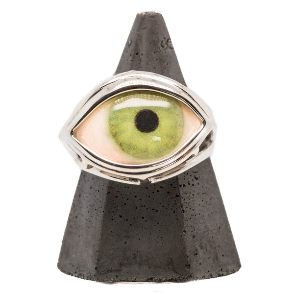 Hand Painted Green Silver Skeleton Eye Ring