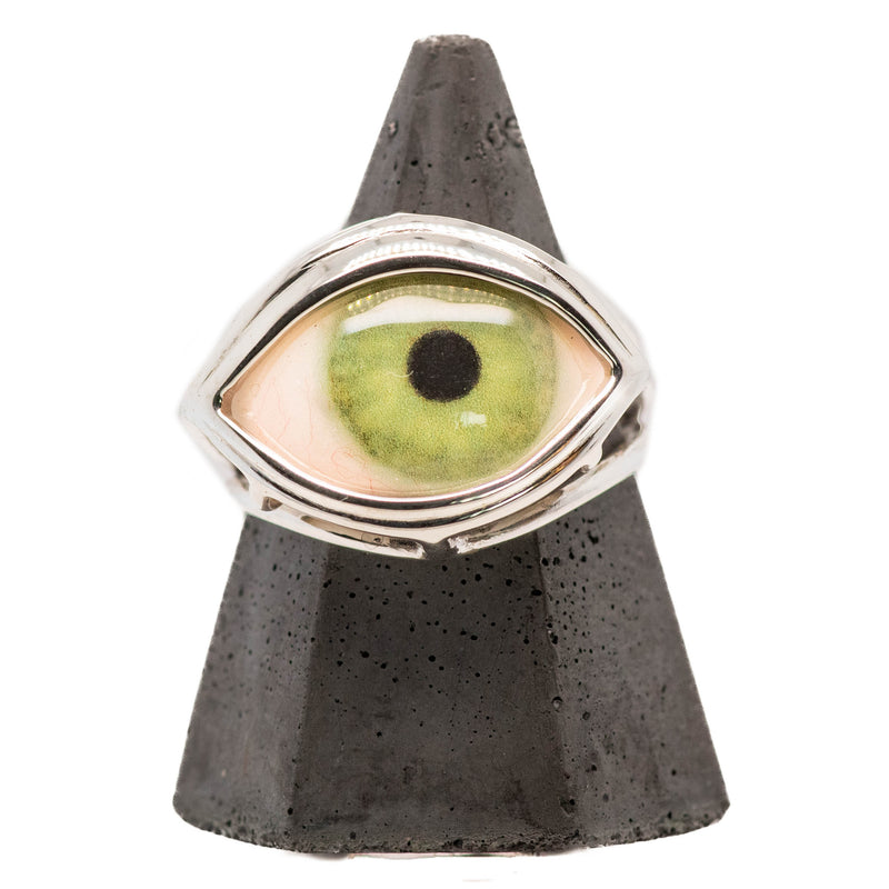 Hand Painted Green Silver Skeleton Eye Ring