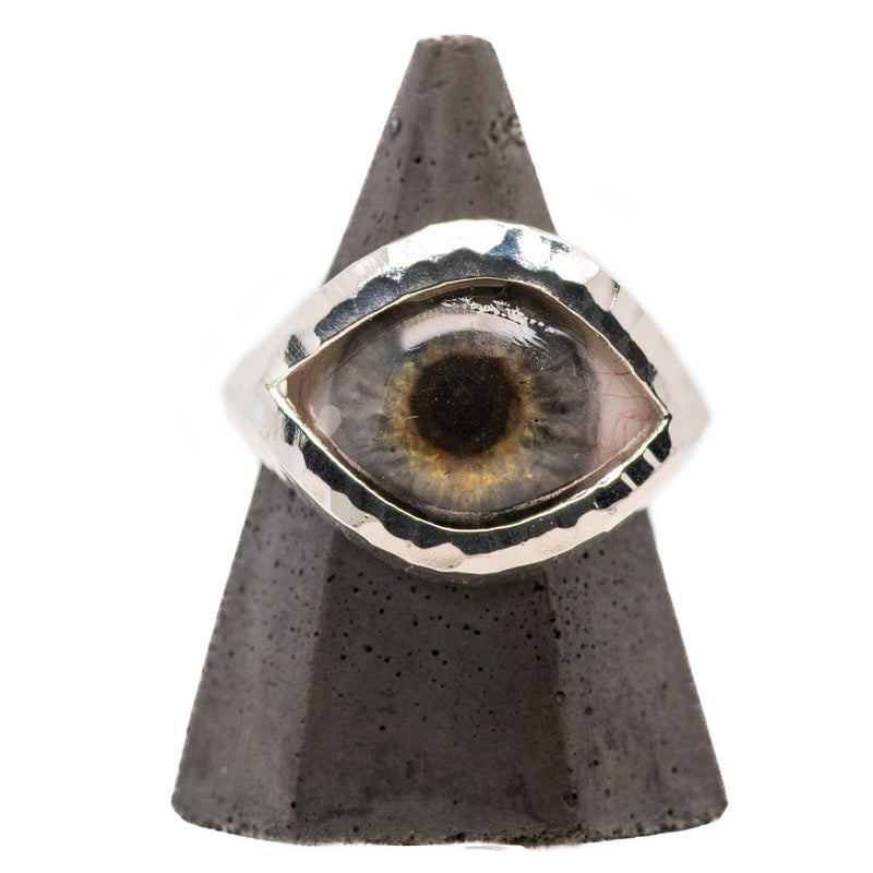 Hand Painted Blue Silver Hammered Eye Ring