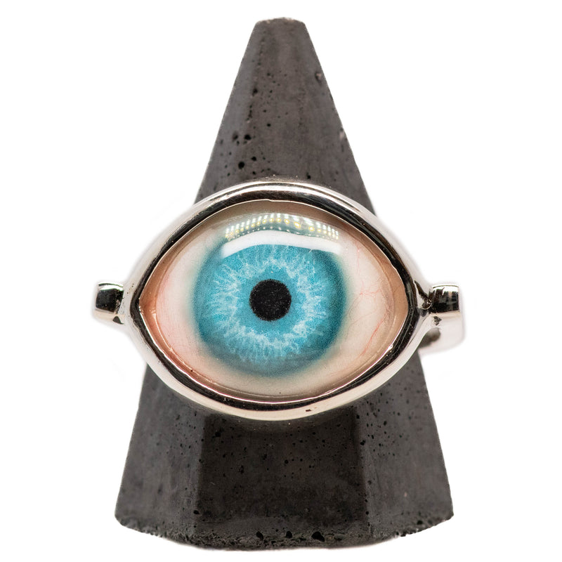 Hand Painted Blue Silver Eye Ring