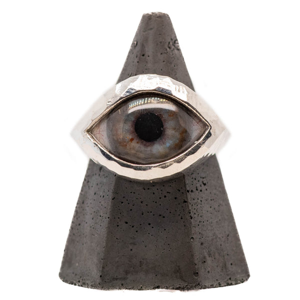 Hand Painted Blue Silver Hammered Eye Ring