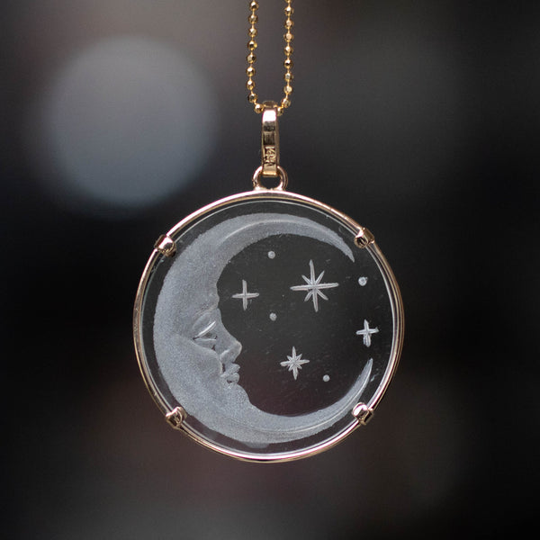 Clear Crystal Moon and Stars Gold Circle Pendant