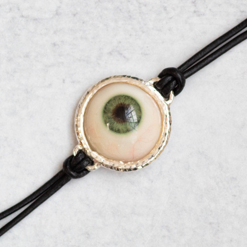 Hand Painted Green Silver Leather Eye Bracelet