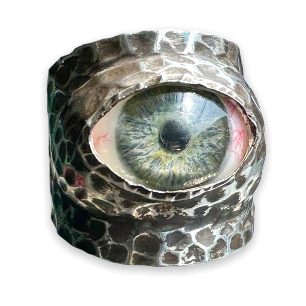 Thorns & Roses Hand Painted Blue Silver Eye Ring