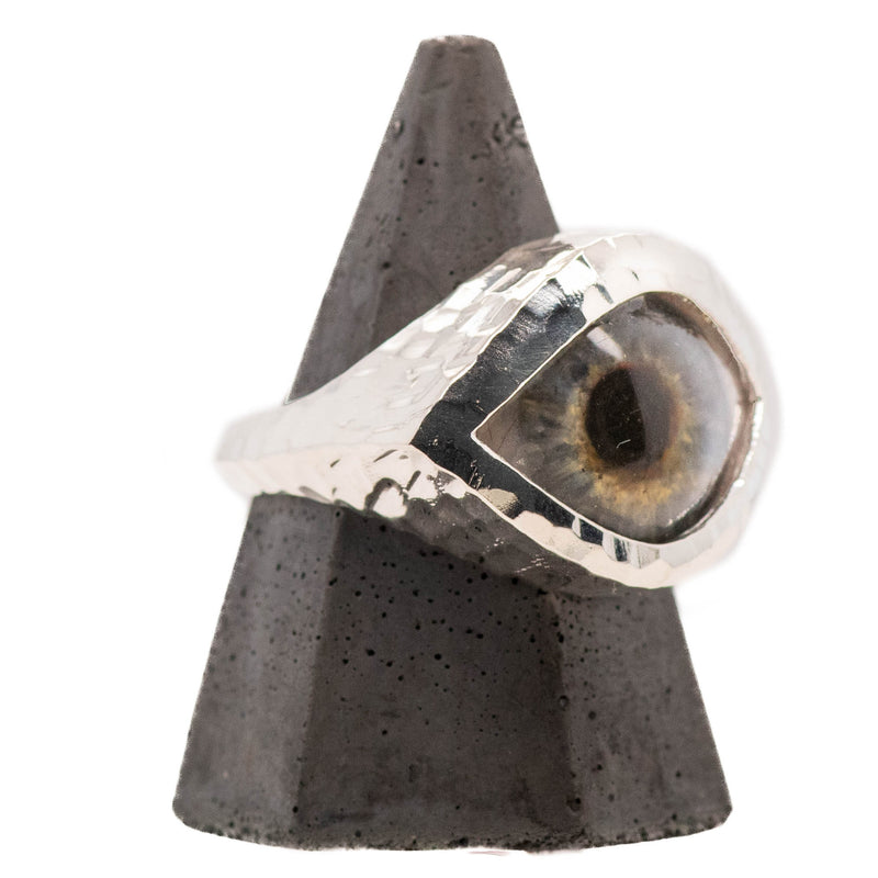 Hand Painted Blue Silver Hammered Eye Ring