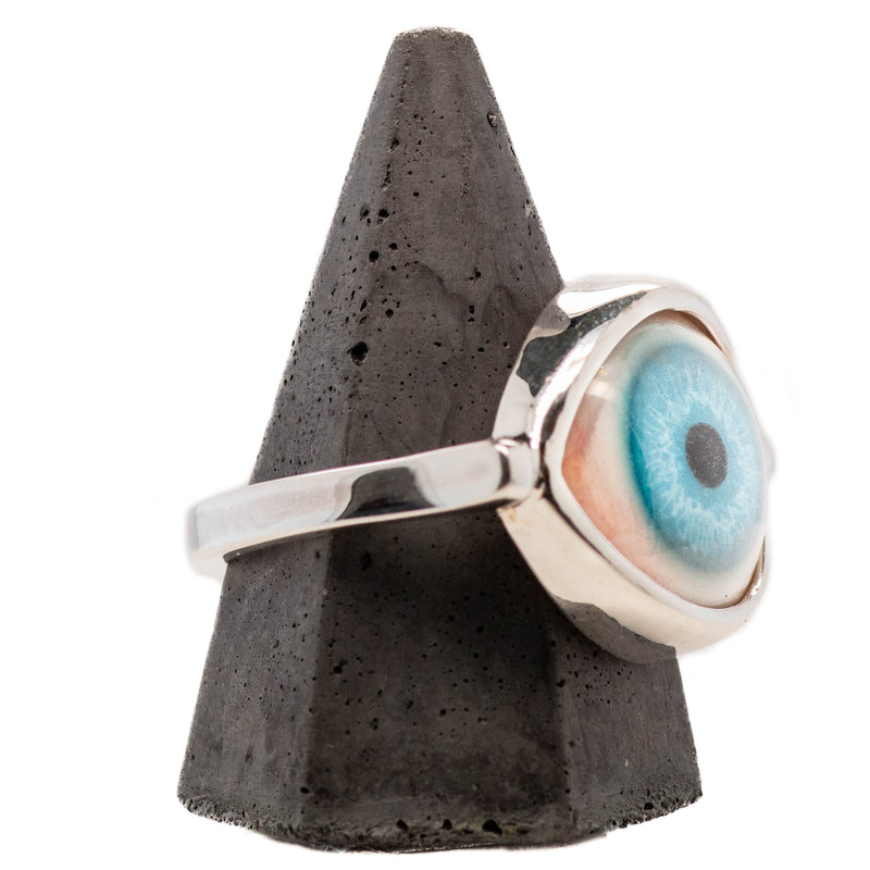 Hand Painted Blue Silver Eye Ring