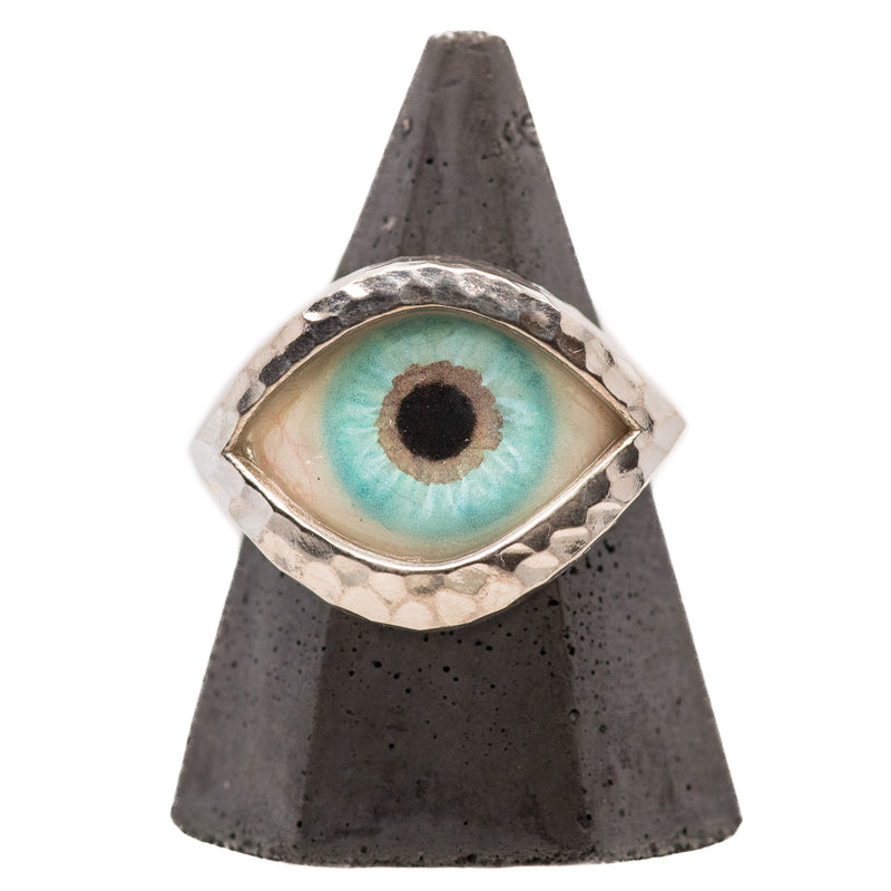 Hand Painted Turquoise Silver Hammered Eye Ring