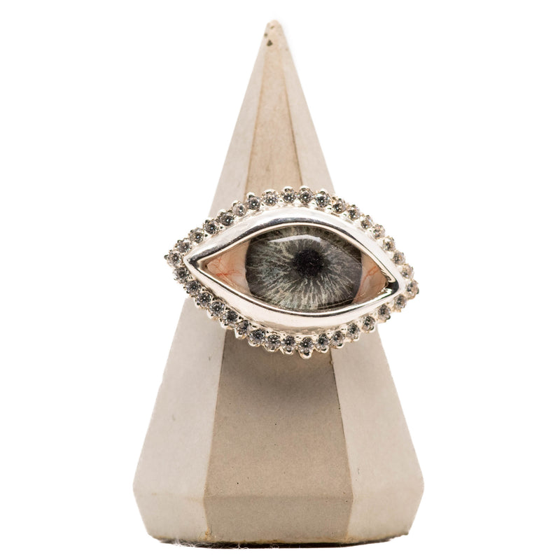 Hand Painted Blue Silver Dali Eye Ring with Moissanite Halo