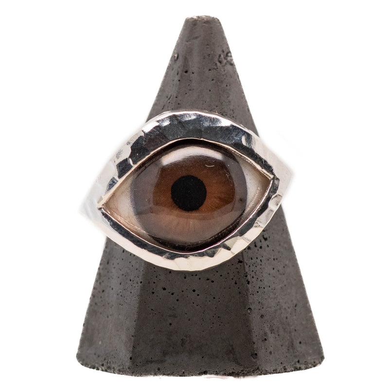 Hand Painted Brown Silver Hammered Eye Ring